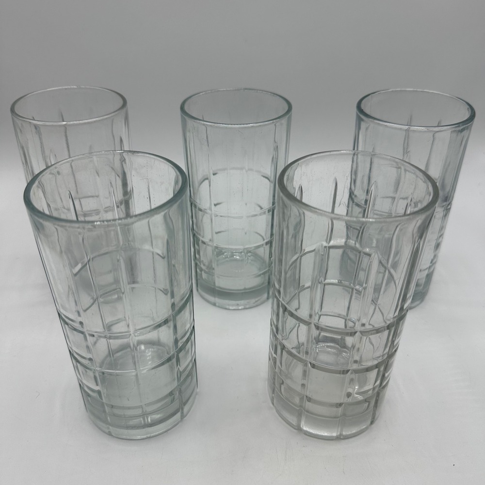 VTG Anchor Hocking Manchester Tartan Glasses Tumblers Clear Highball Set of 5